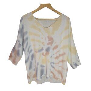 Like New Charlie B Pastel Tie-Dye V-Neck Knit Top | Hi-Lo Raw Edge Hem | XL